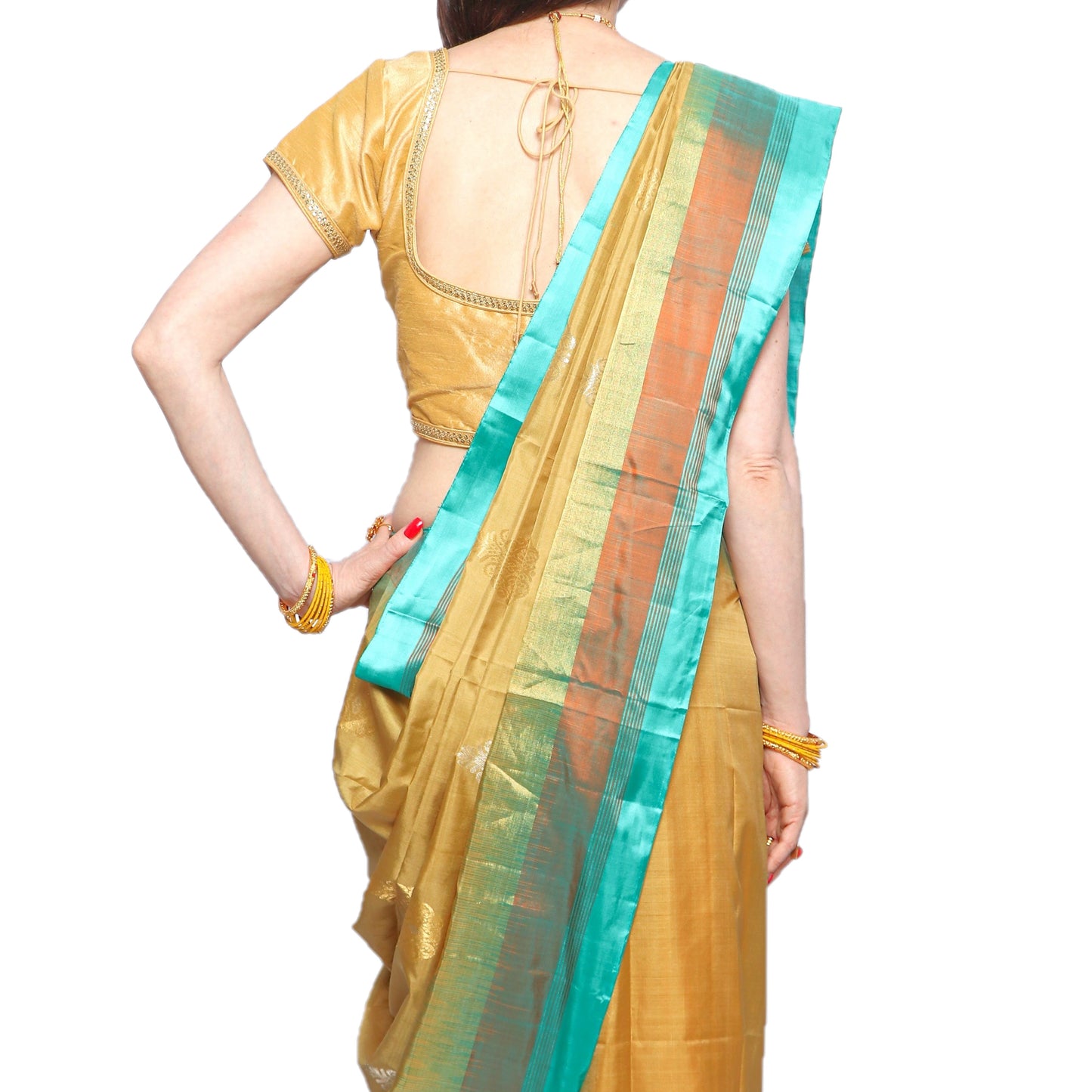 Maharani's Pure Handloom Kanjivaram Silk Saree - Mustard with Green Pallu and Golden Border