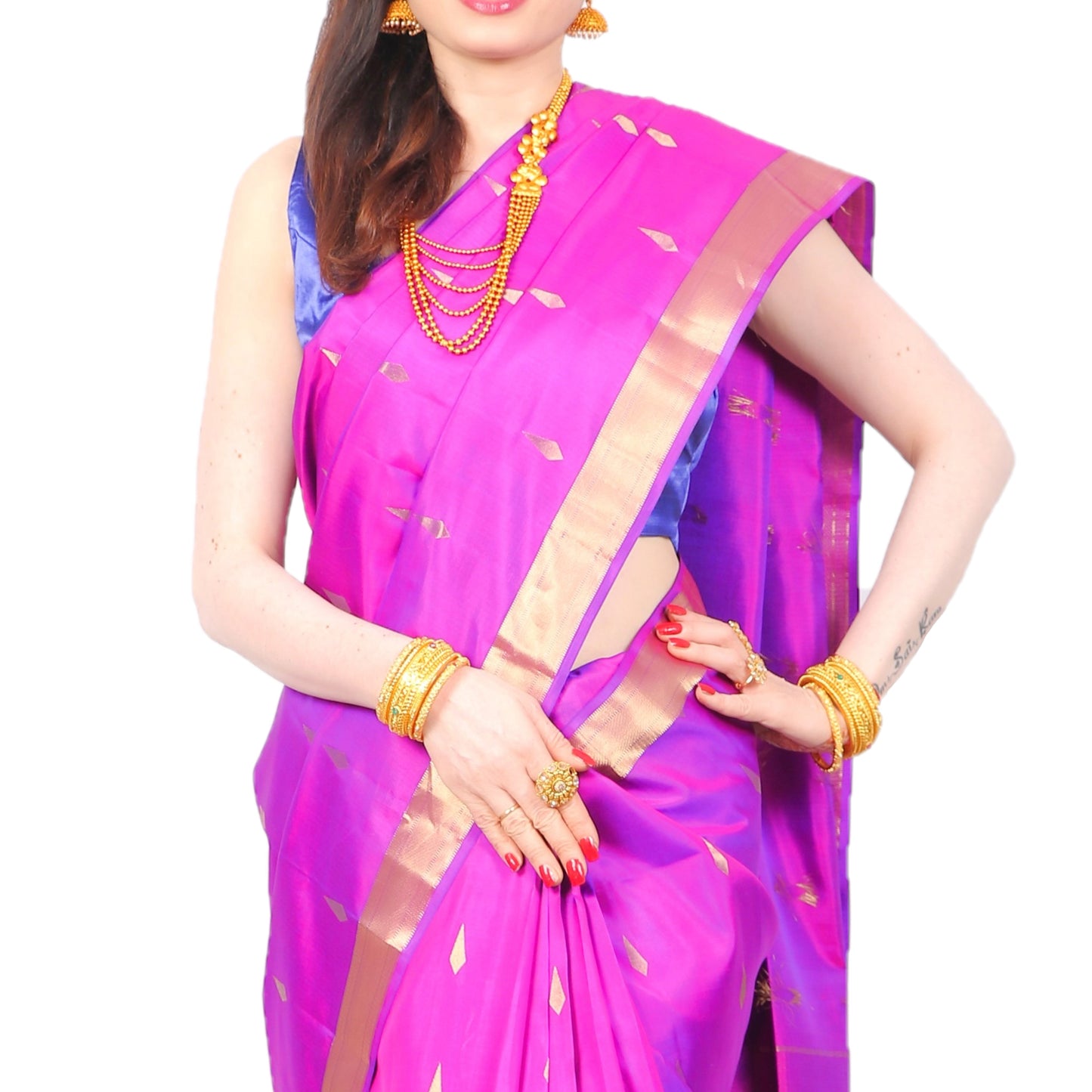Maharani's Pure Handloom Kanjivaram Silk Saree - Purple Golden Zari Border and Pallu