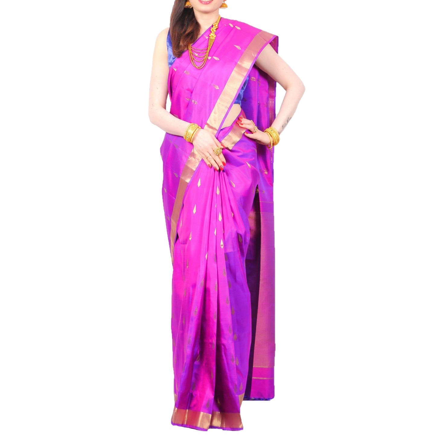 Maharani's Pure Handloom Kanjivaram Silk Saree - Purple Golden Zari Border and Pallu