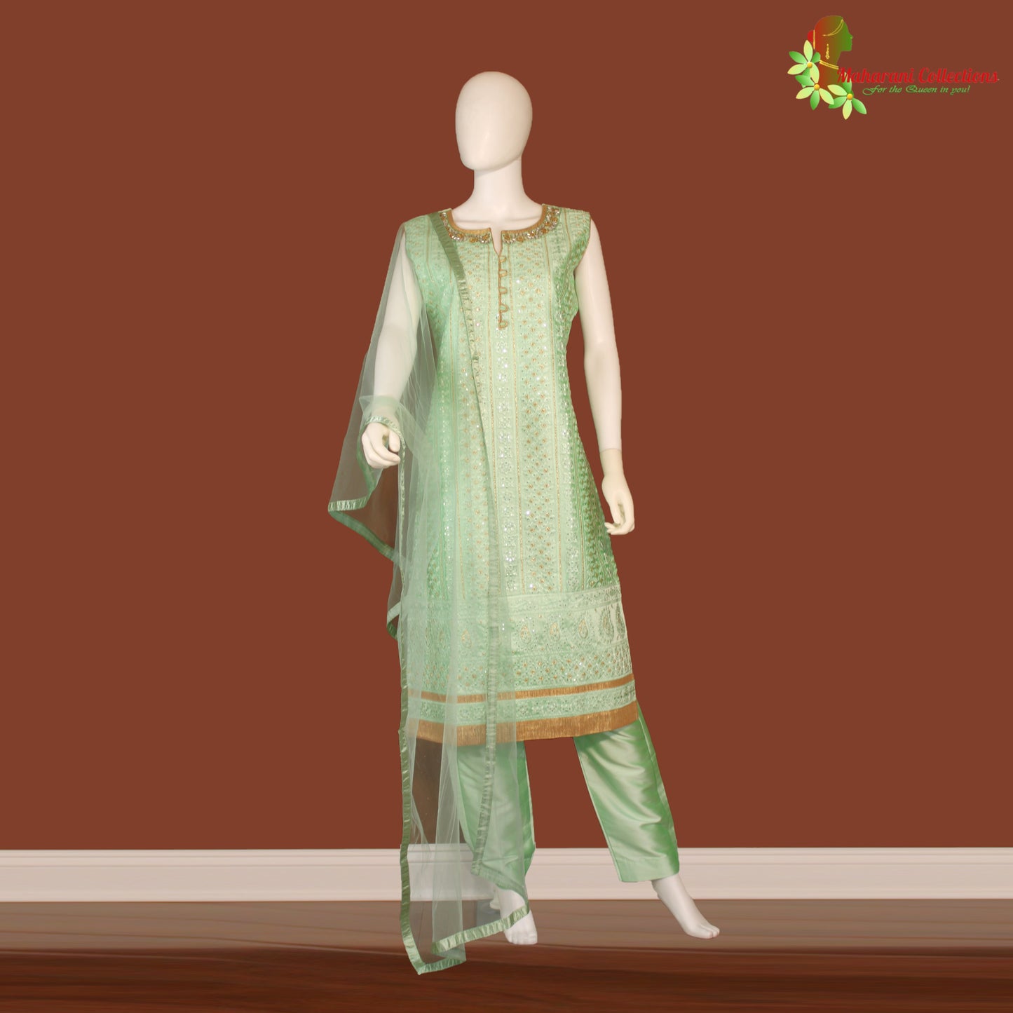 Maharani's Designer Palazzo Suit Set - Sea Green (L) - Soft Silk