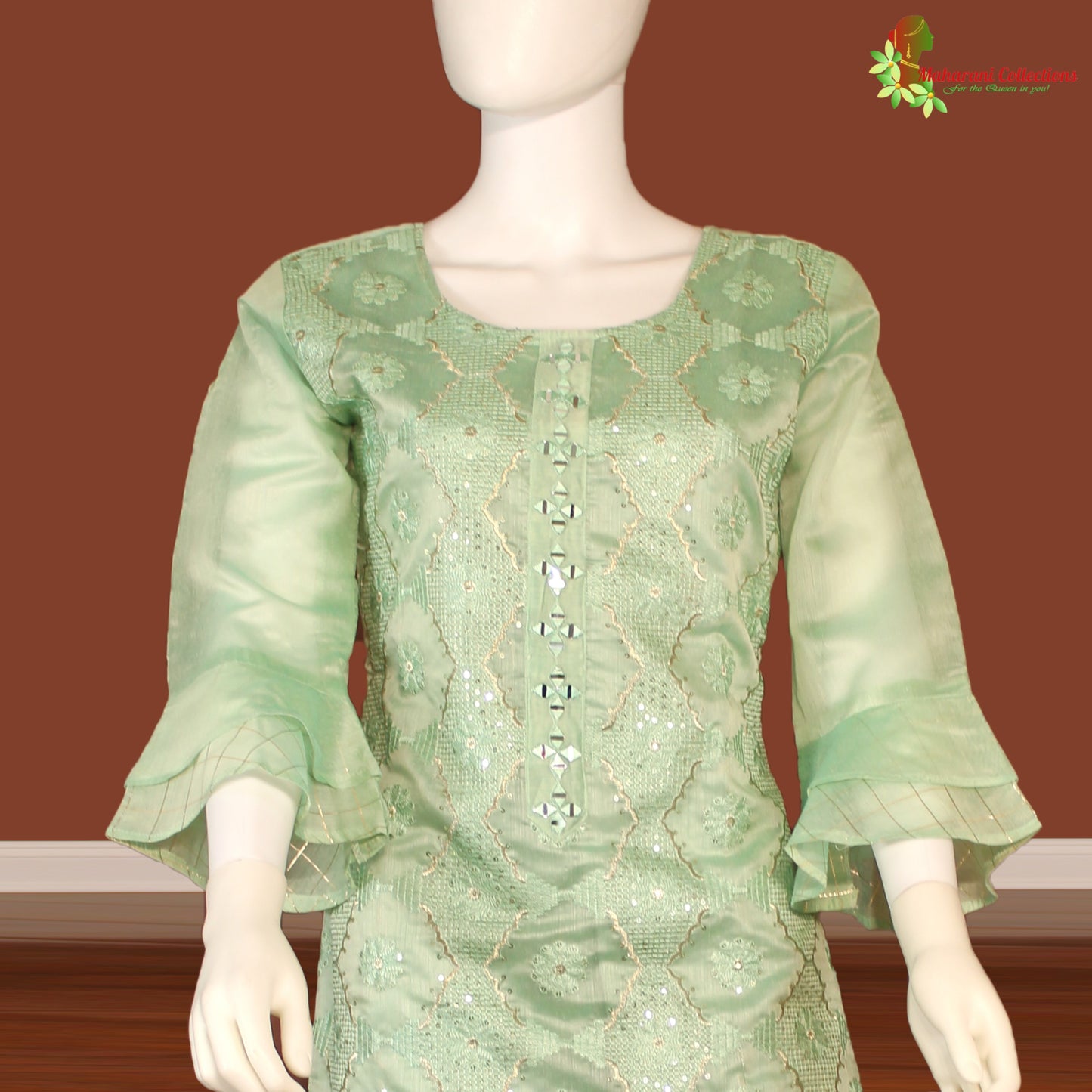 Maharani's Designer Palazzo Suit Set - Sea Green (L) - Soft Silk