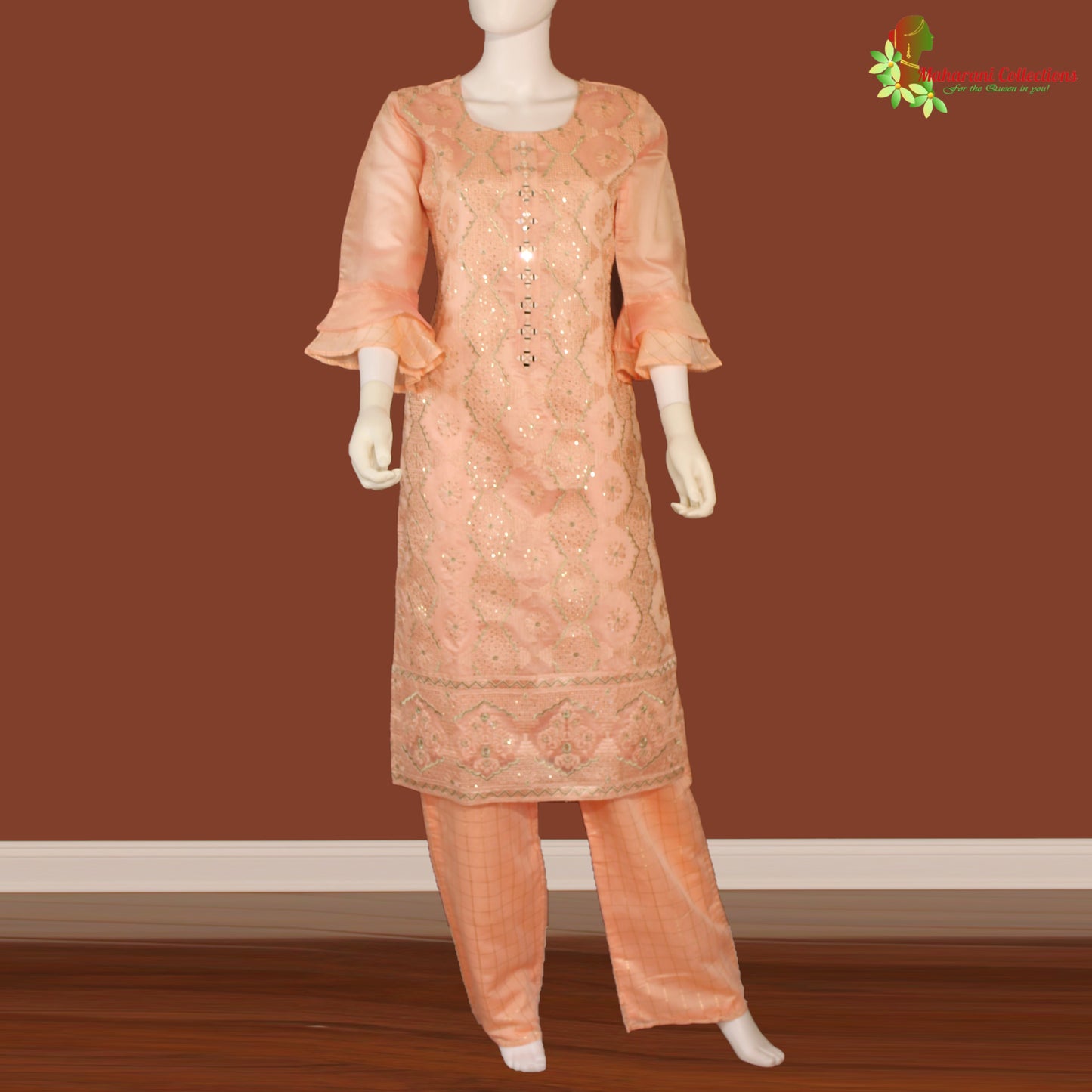 Maharani's Designer Palazzo Suit Set - Peach (M) - Soft Silk