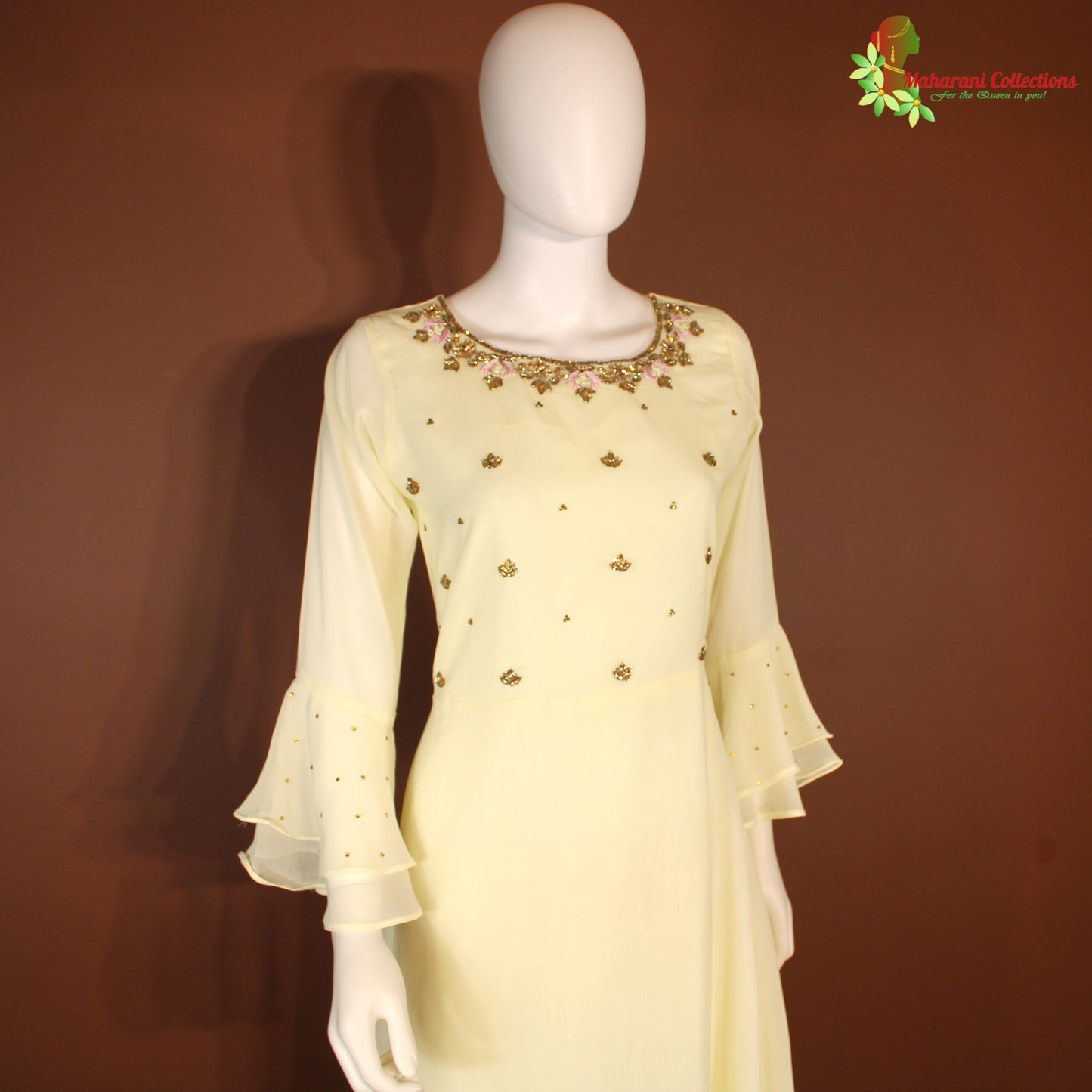 Maharani's Designer Anarkali Suit - Light Yellow (M) - Pure Georgette - Gala Gown