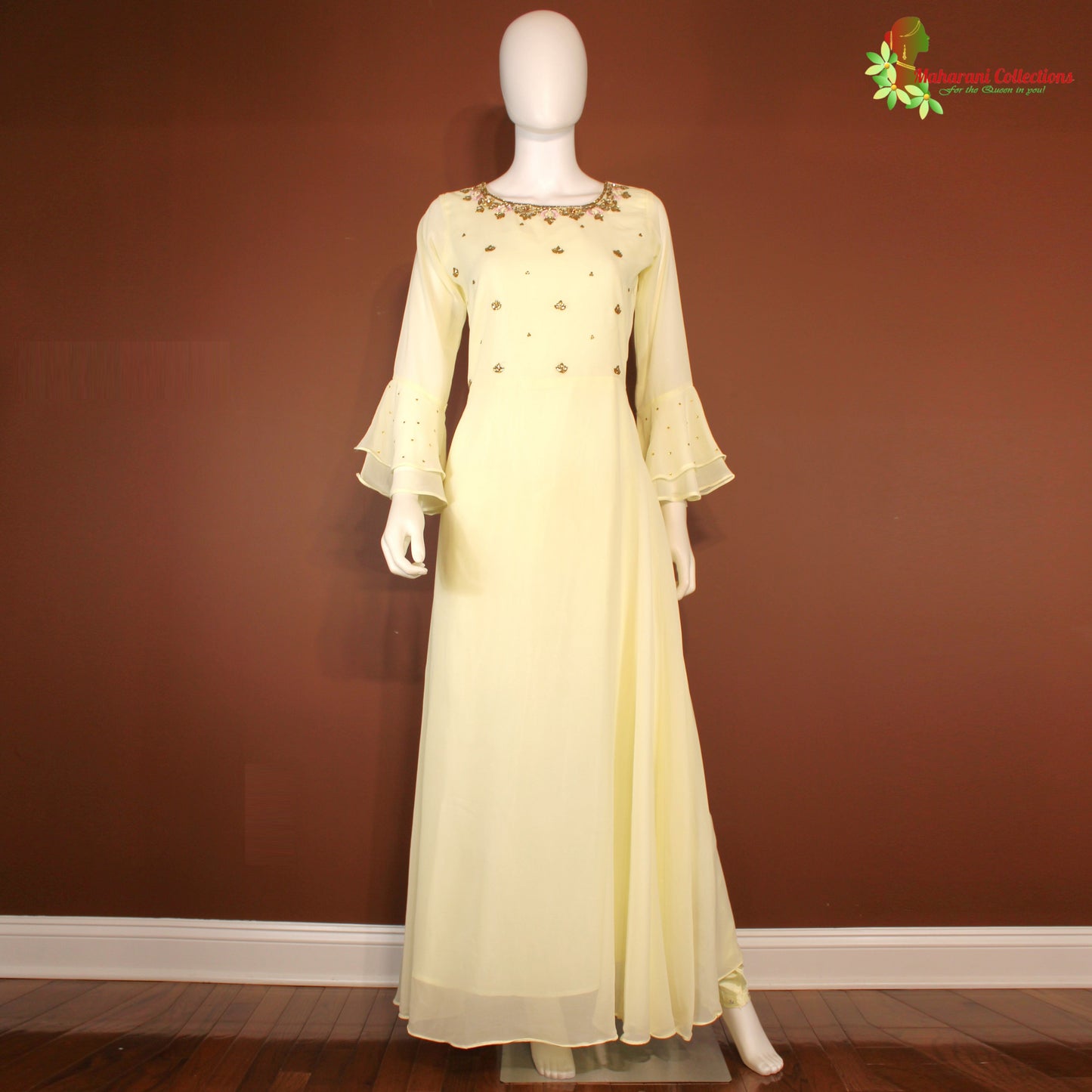 Maharani's Designer Anarkali Suit - Light Yellow (M) - Pure Georgette - Gala Gown