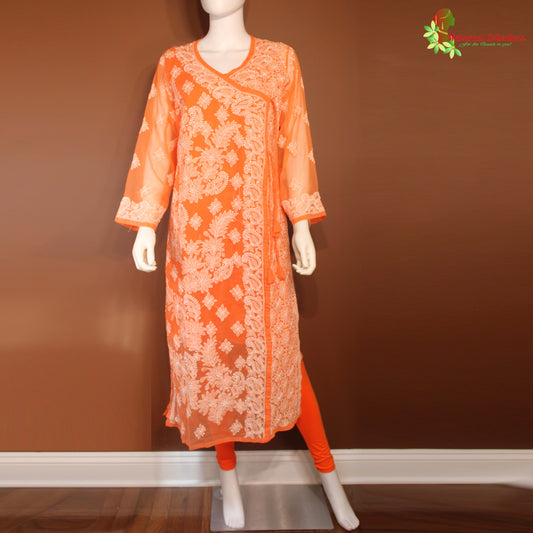 Maharani's Lucknowi Chikankari Pant Suit - Orange (XL) - Pure Georgette
