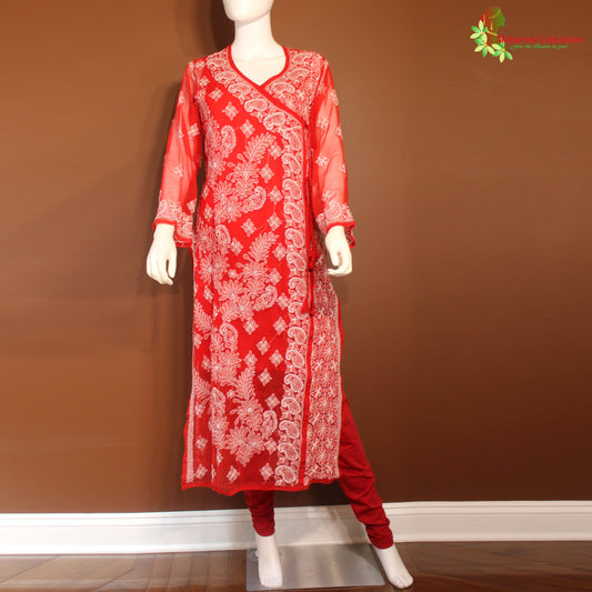 Maharani's Lucknowi Chikankari Pant Suit - Red (L) - Pure Georgette