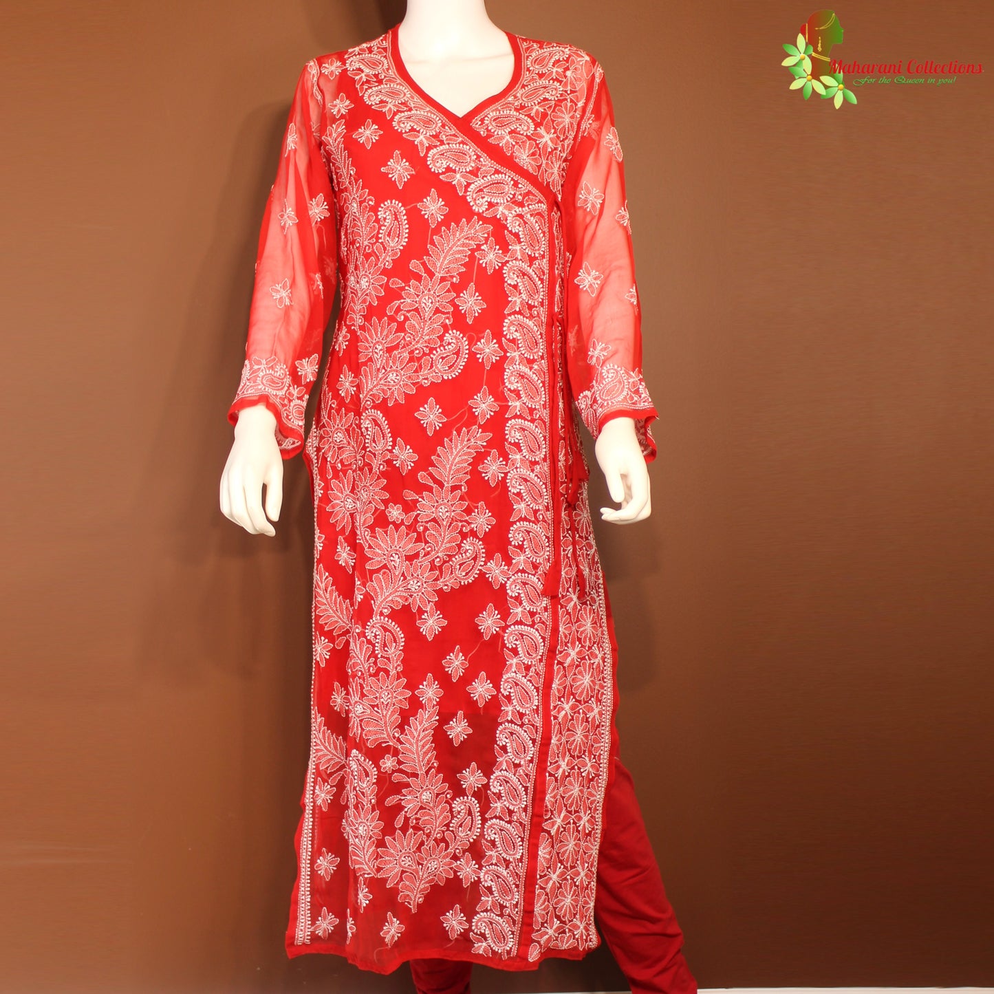 Maharani's Lucknowi Chikankari Pant Suit - Red (L) - Pure Georgette