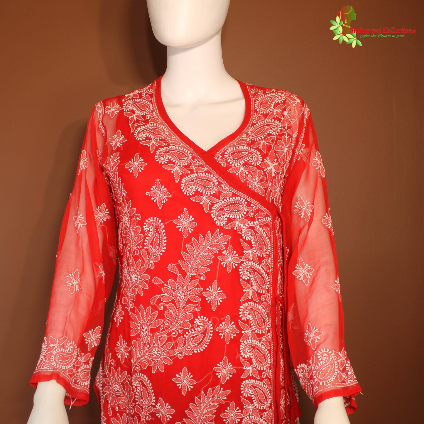 Maharani's Lucknowi Chikankari Pant Suit - Red (L) - Pure Georgette