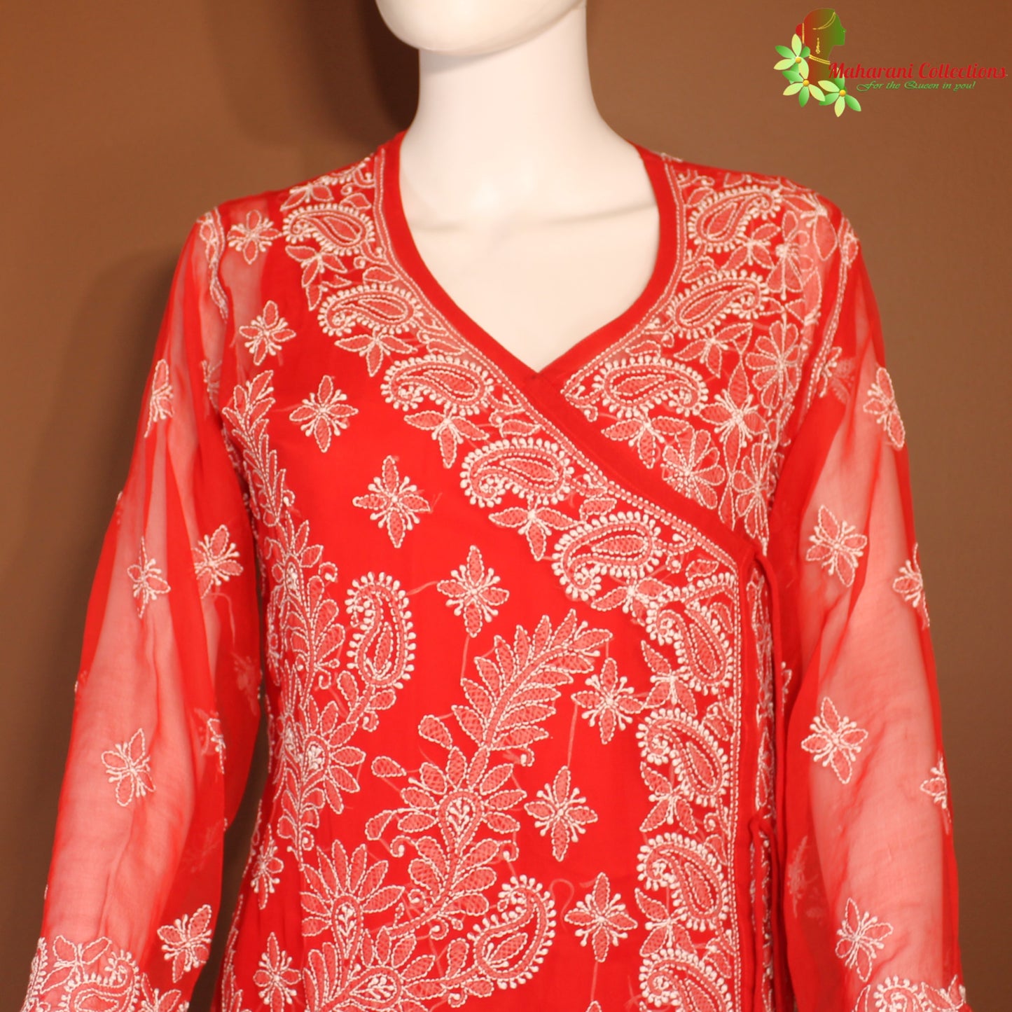 Maharani's Lucknowi Chikankari Pant Suit - Red (L) - Pure Georgette