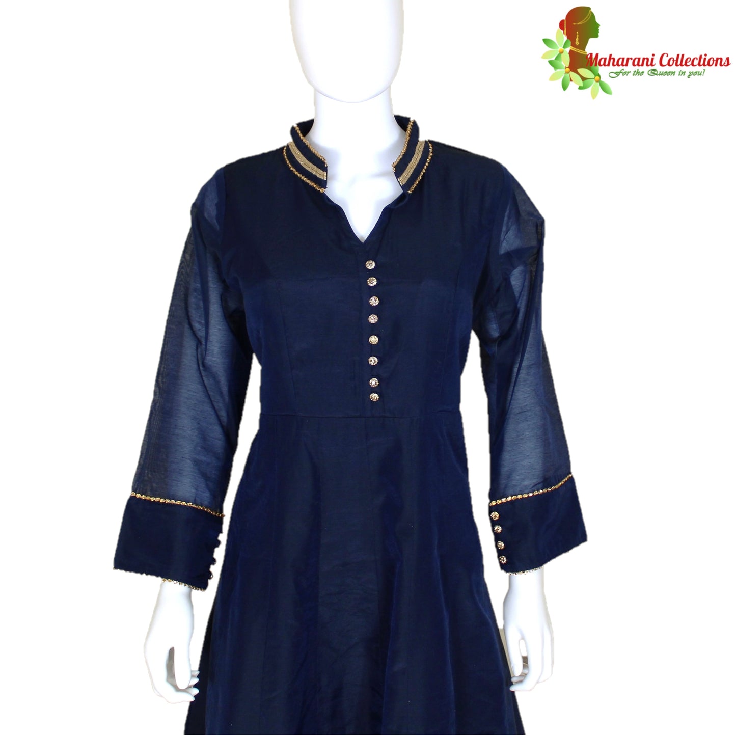 Maharani's Designer Gown (Anarkali Suit) - Navy Blue (L) - Tussar Silk