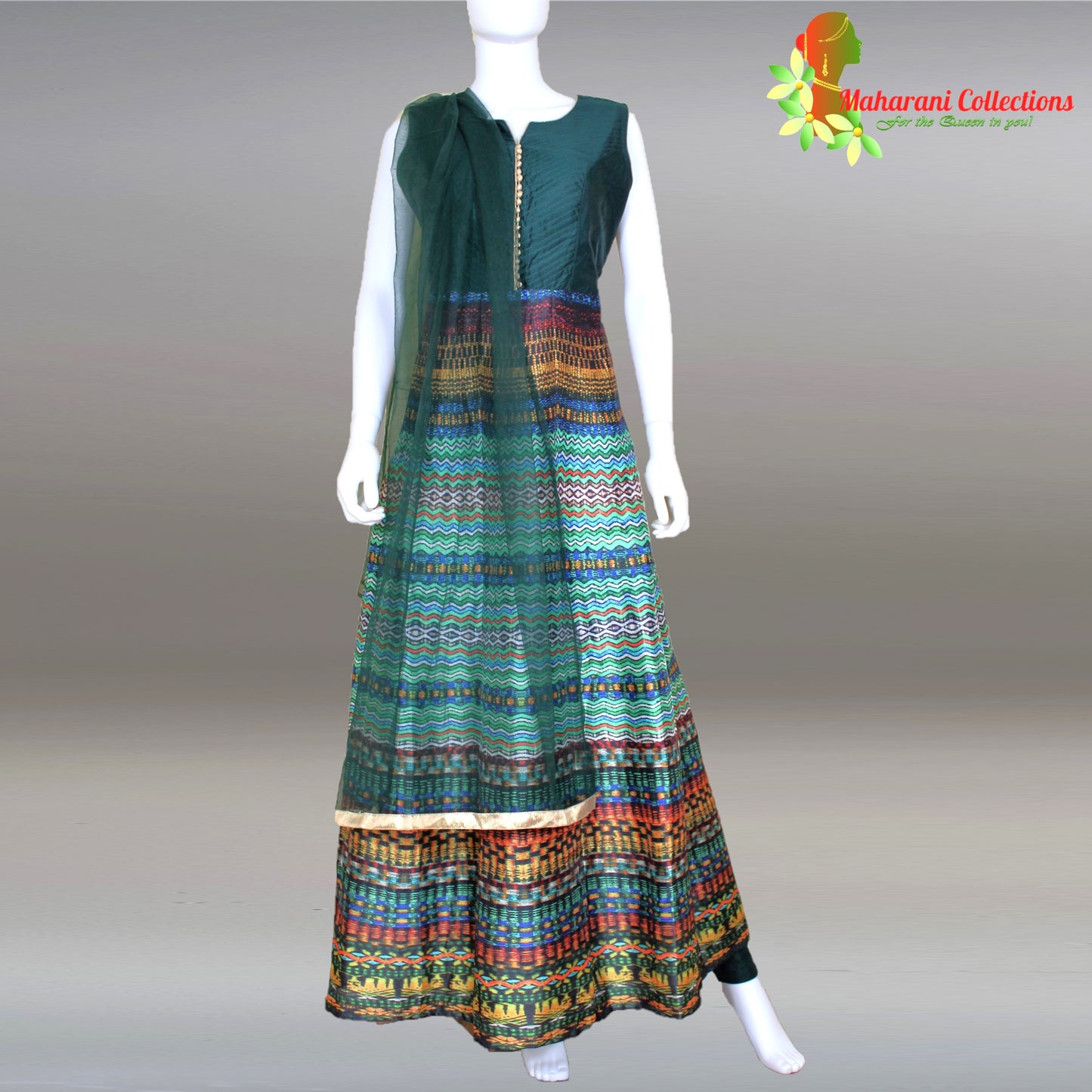 Maharani's Designer Gown (Anarkali Suit) - Bottle Green (L) - Tussar Silk