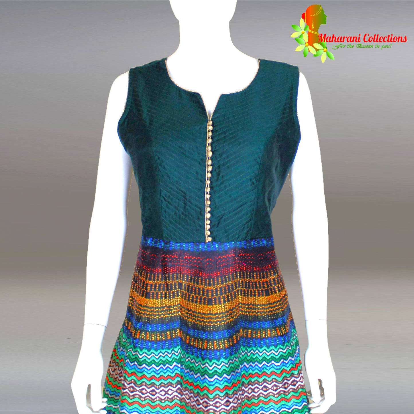 Maharani's Designer Gown (Anarkali Suit) - Bottle Green (L) - Tussar Silk