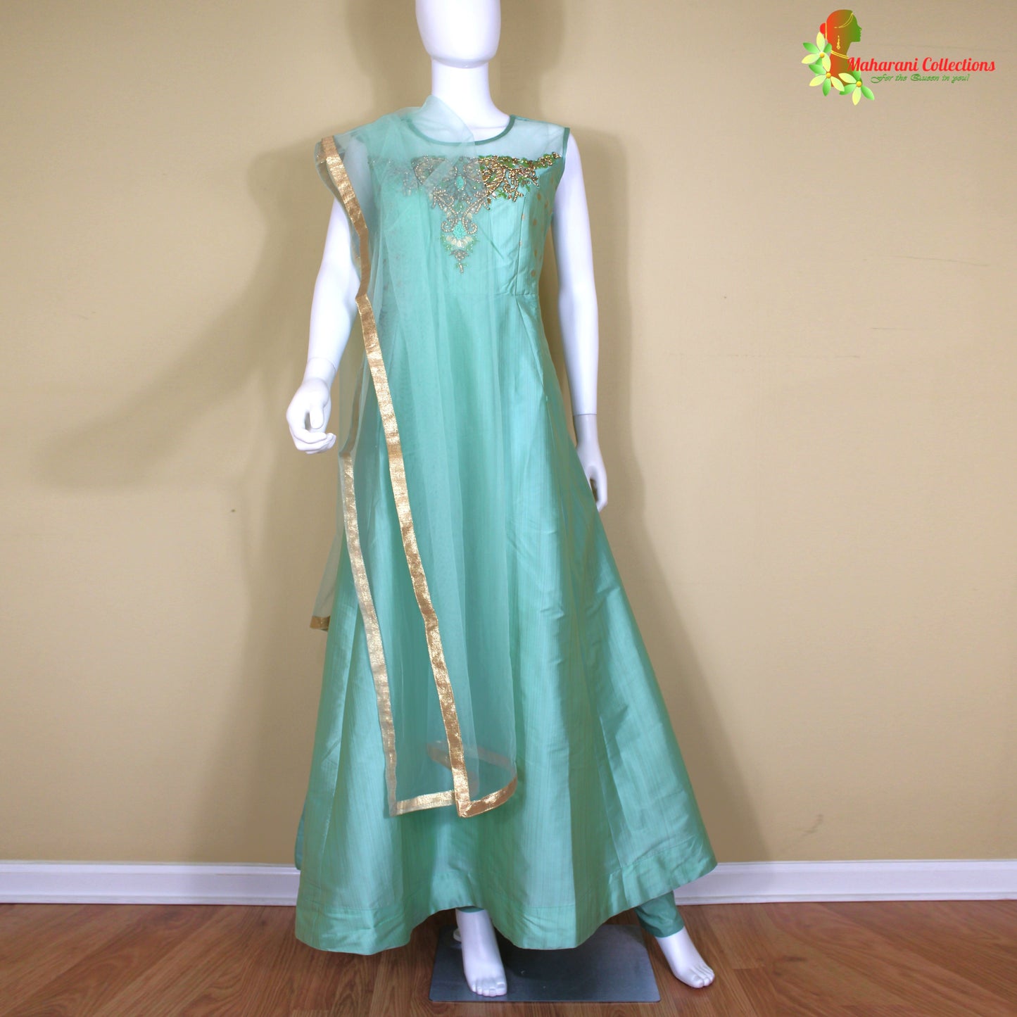 Maharani's Designer Gown (Anarkali Suit) - Pista Green (L) - Tussar Silk