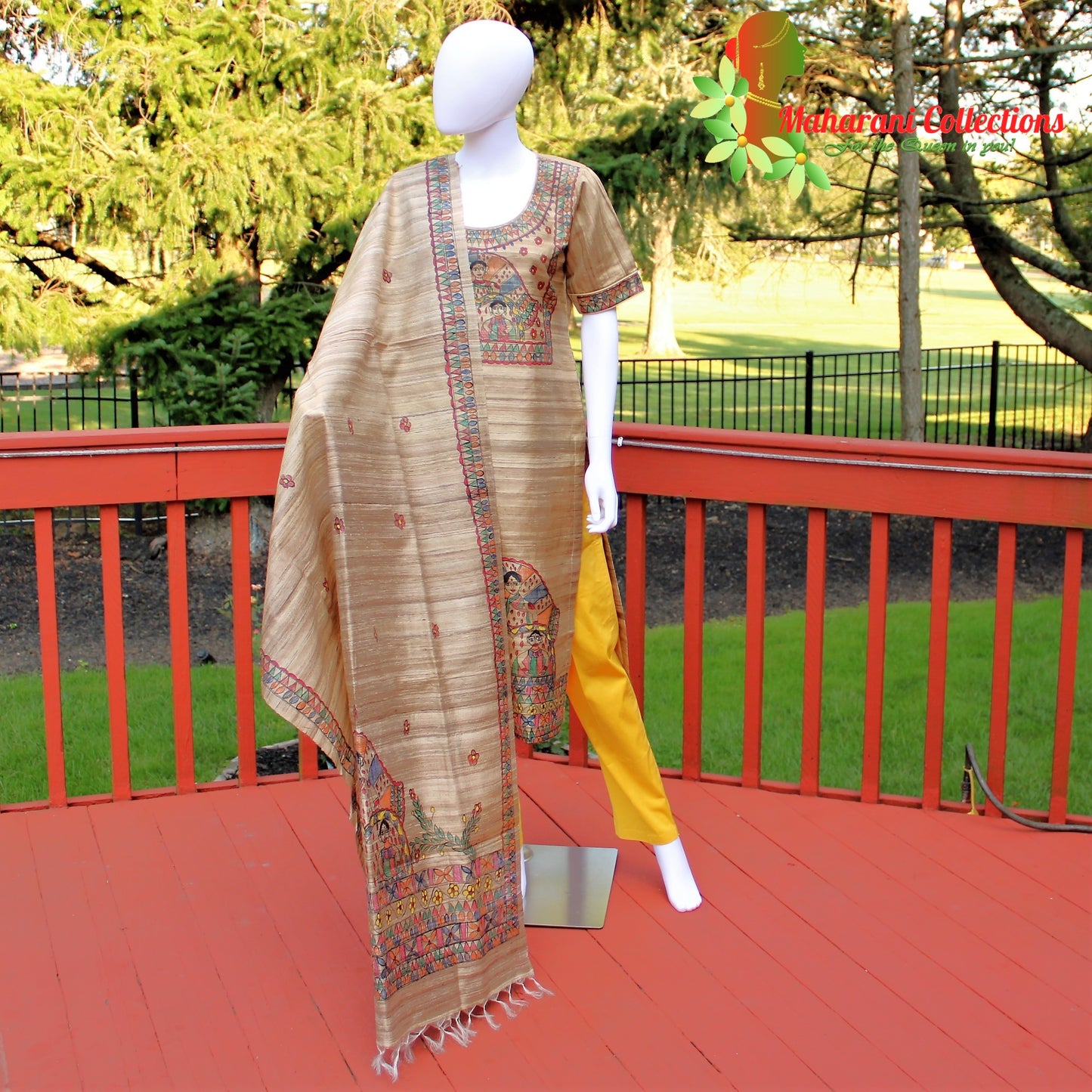 Maharani's Finest Silk Pant Suit - Pure Bhagalpur Tussar Silk - Khaki (M)