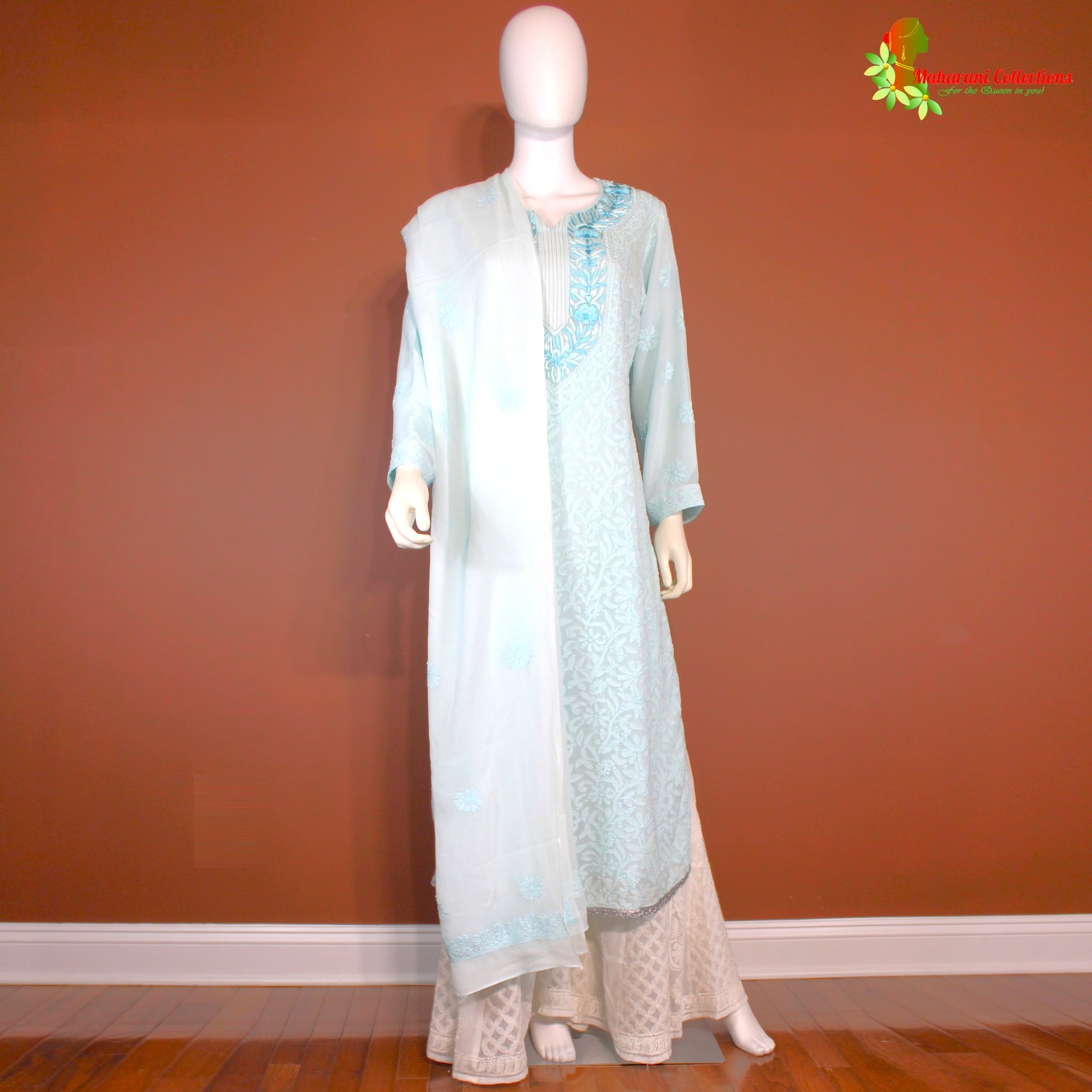 Maharani's Lucknowi Sharara Suit - Sky Blue (XL) - Pure Georgette