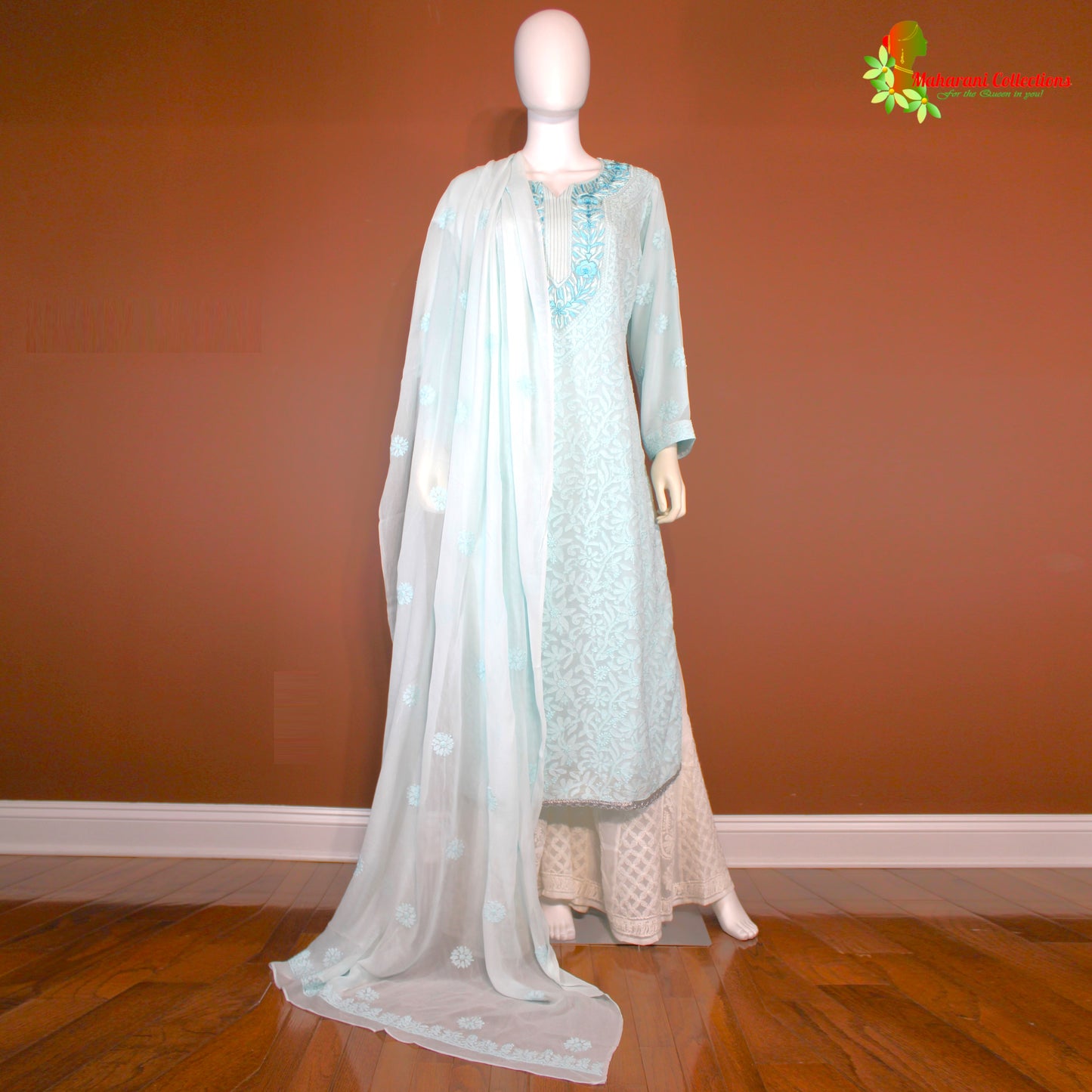 Maharani's Lucknowi Sharara Suit - Sky Blue (XL) - Pure Georgette