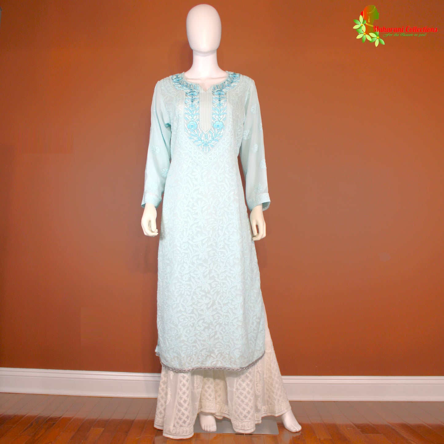 Maharani's Lucknowi Sharara Suit - Sky Blue (XL) - Pure Georgette