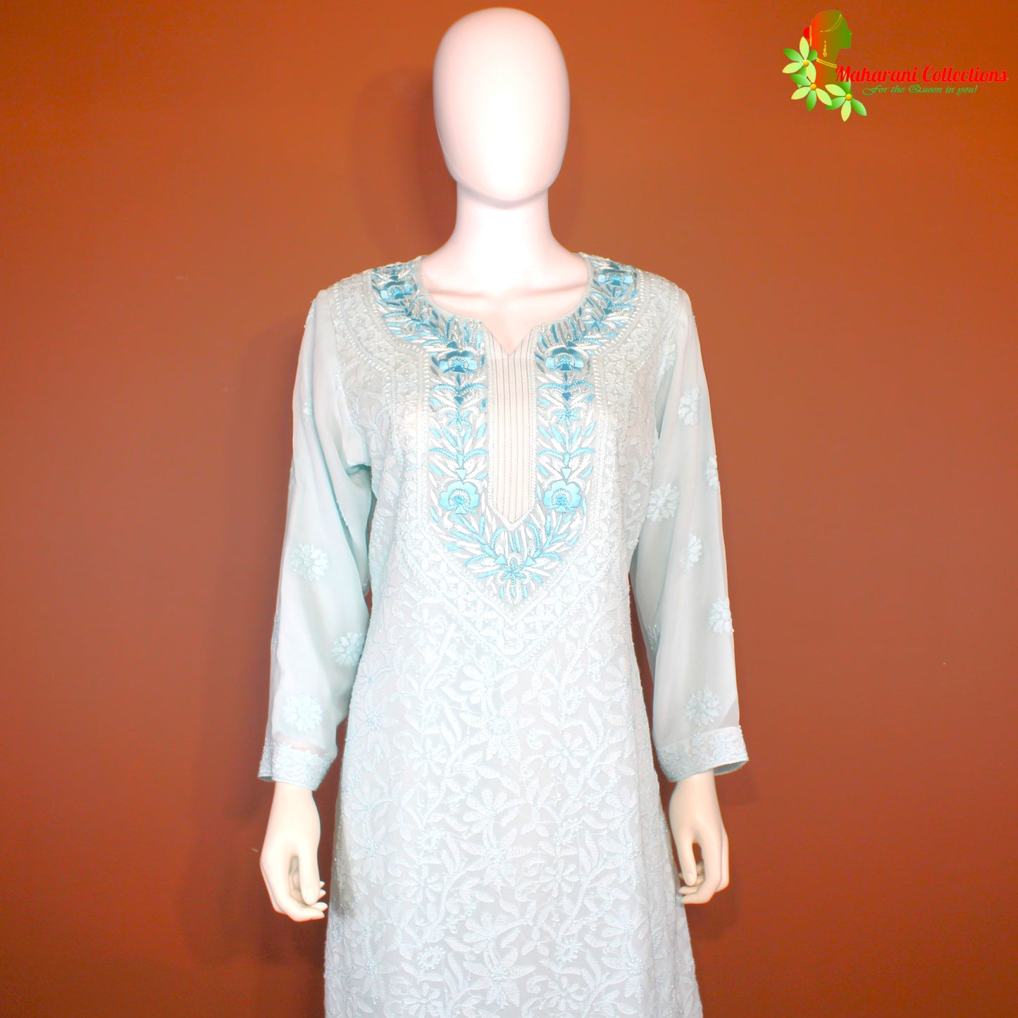 Maharani's Lucknowi Sharara Suit - Sky Blue (XL) - Pure Georgette