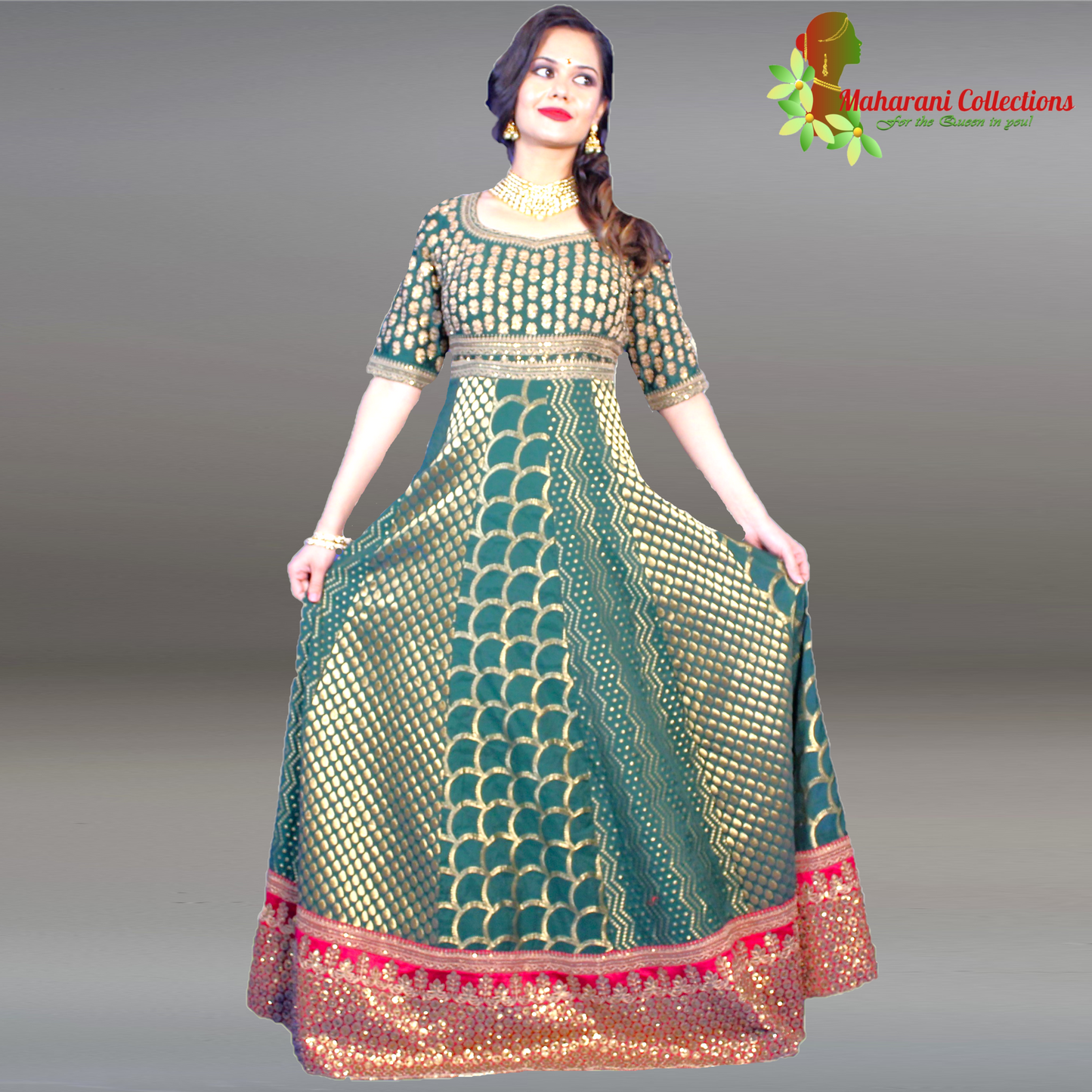 Maharani's Anarkali Suit - Green (M) Silk Gala Gown
