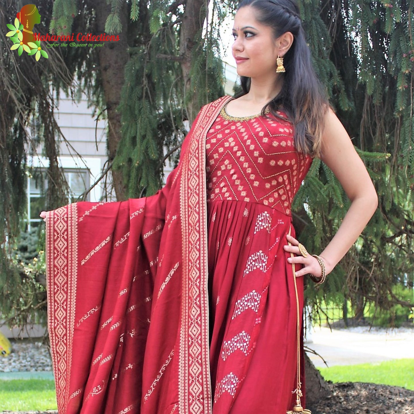 Maharani's Anarkali Suit - Maroon (L) Silk Gala Gown