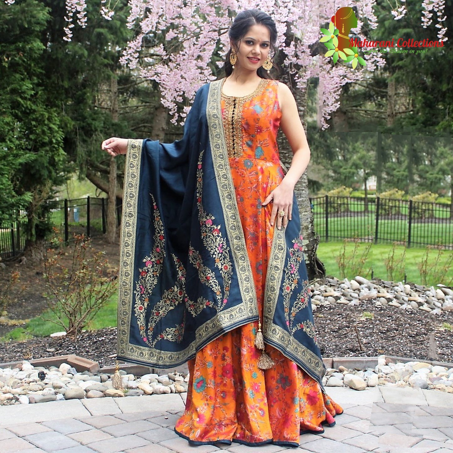 Maharani's Anarkali Suit - Orange (XL) Silk Gala Gown