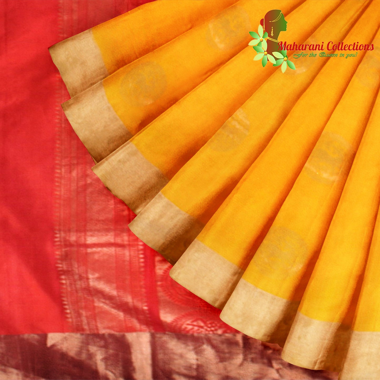 Maharani's Pure Handloom Kanjivaram Silk Saree - Yellow with Red Pallu and Golden Zari Border