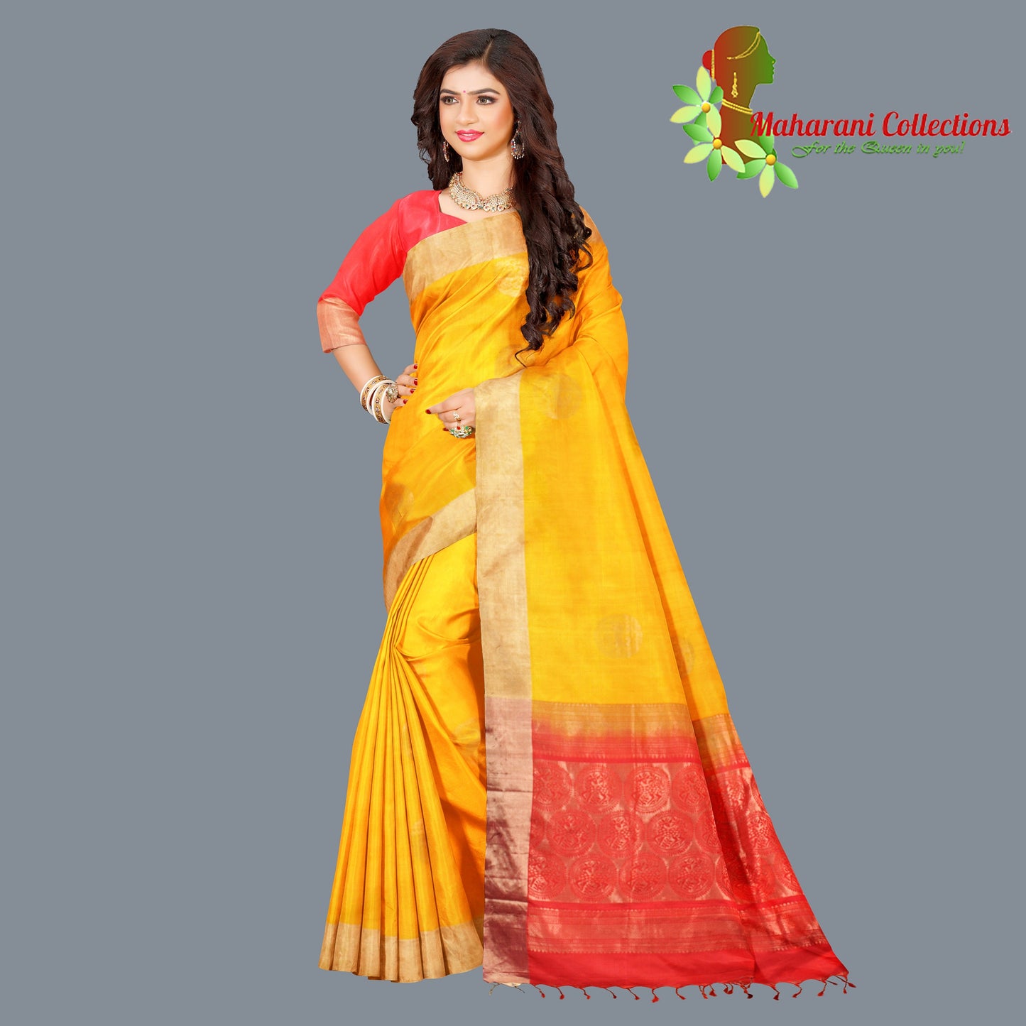 Maharani's Pure Handloom Kanjivaram Silk Saree - Yellow with Red Pallu and Golden Zari Border
