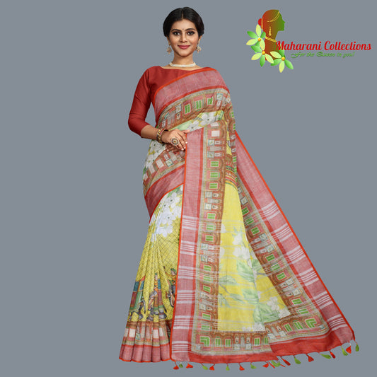 Pure Handloom Linen Silk (Matka) Saree - Yellow (with stitched blouse and petticoat)