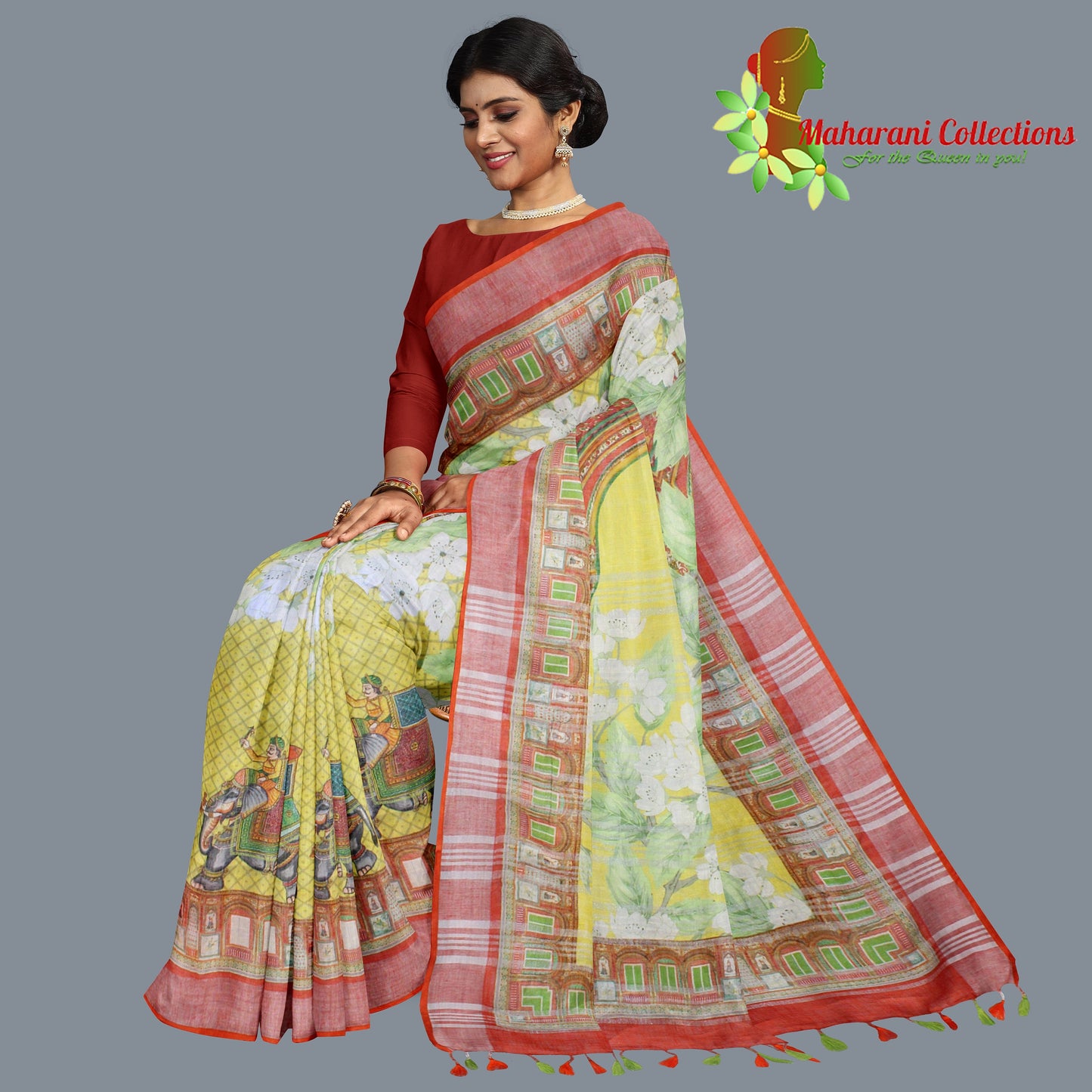 Pure Handloom Linen Silk (Matka) Saree - Yellow (with stitched blouse and petticoat)