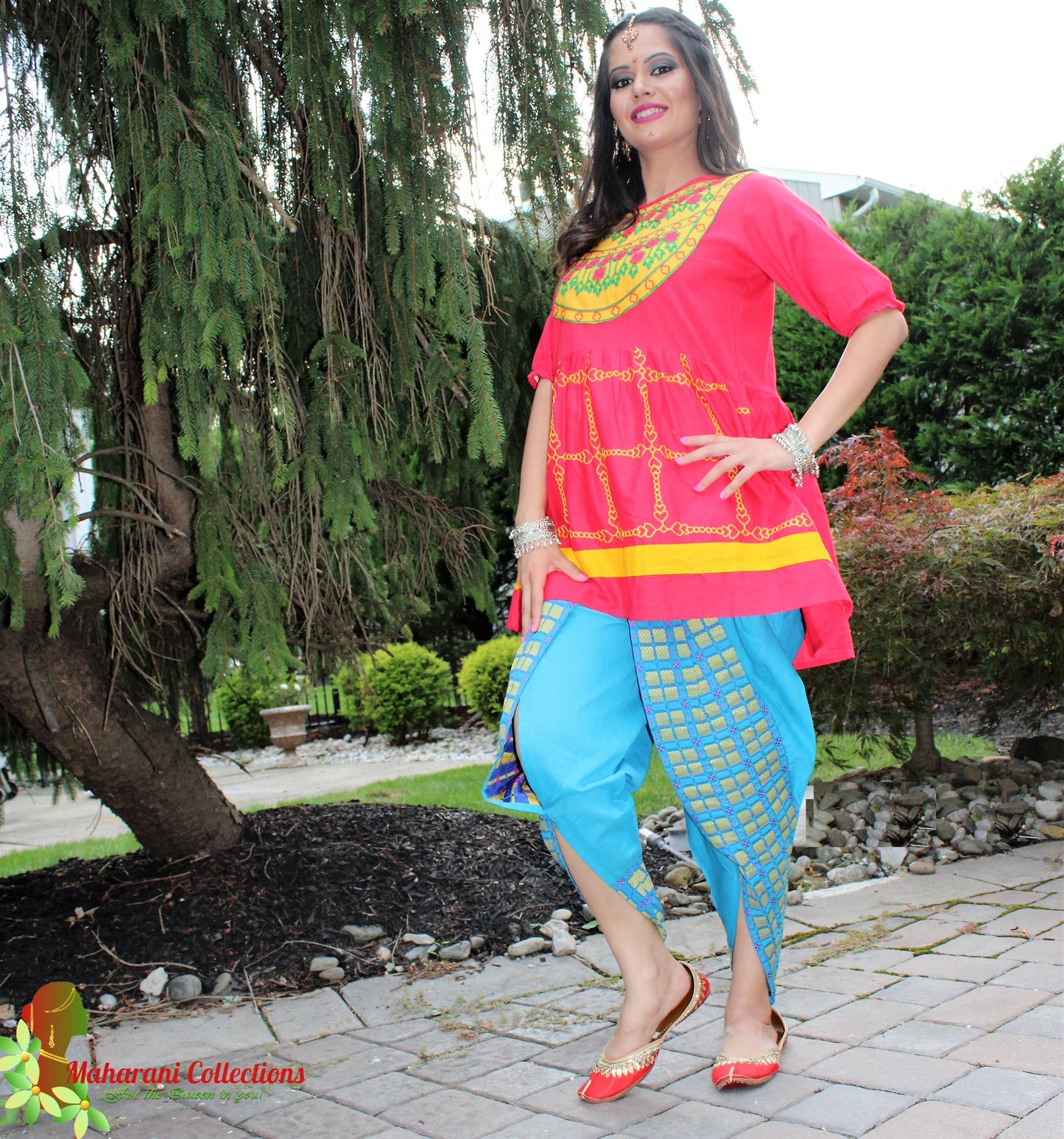 Maharani's Tulip Pant and Choli (Dhoti Choli) - Red/Blue (L)