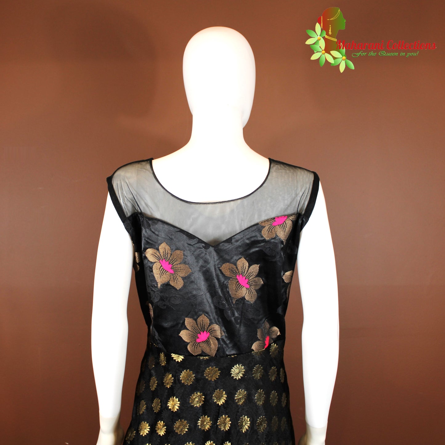 Maharani's Designer Gown (Anarkali Suit) - Black (L) - Banarasi Silk