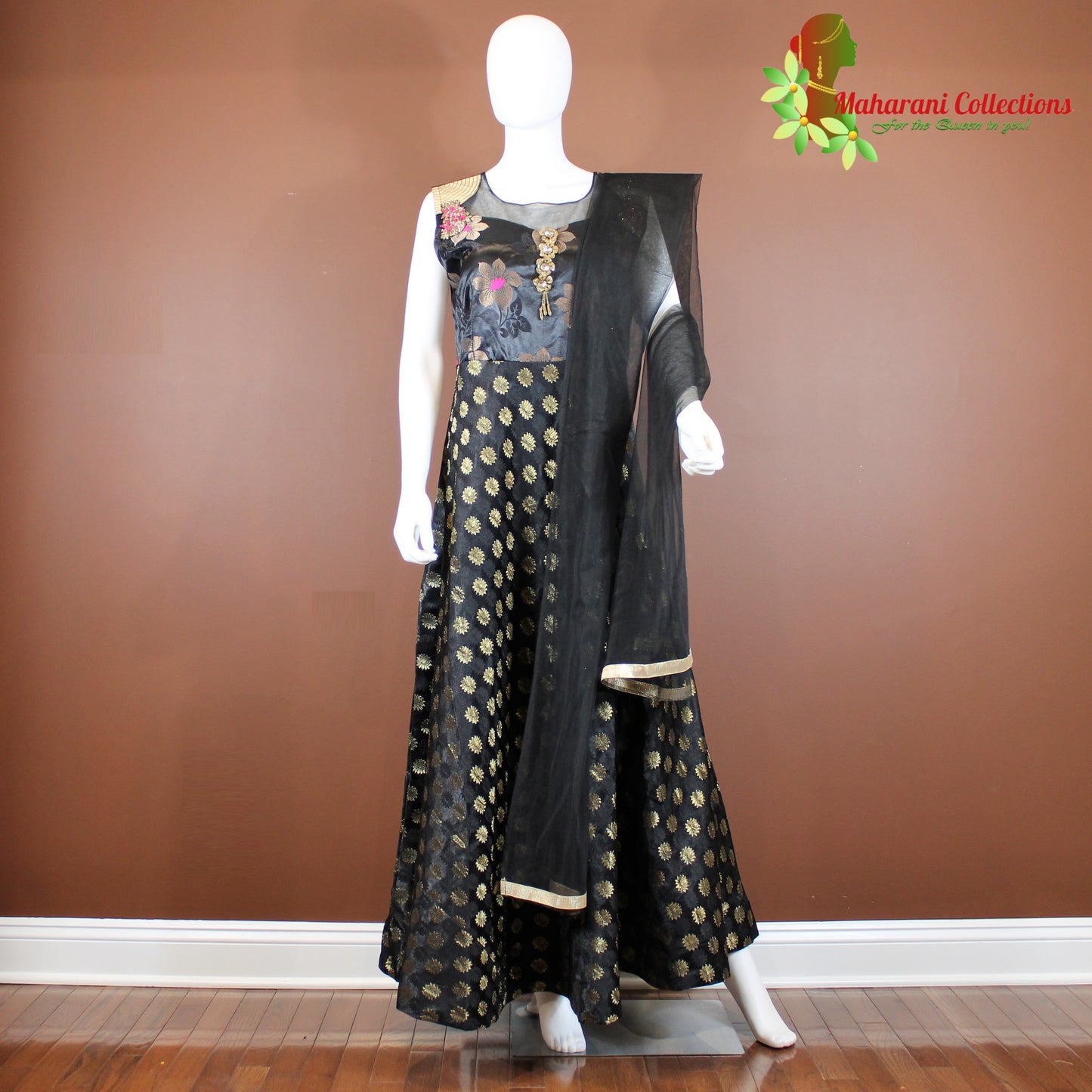 Maharani's Designer Gown (Anarkali Suit) - Black (L) - Banarasi Silk