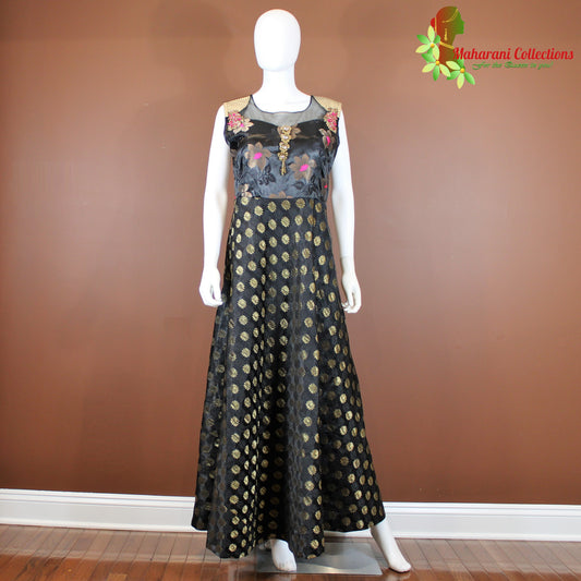 Maharani's Designer Gown (Anarkali Suit) - Black (L) - Banarasi Silk