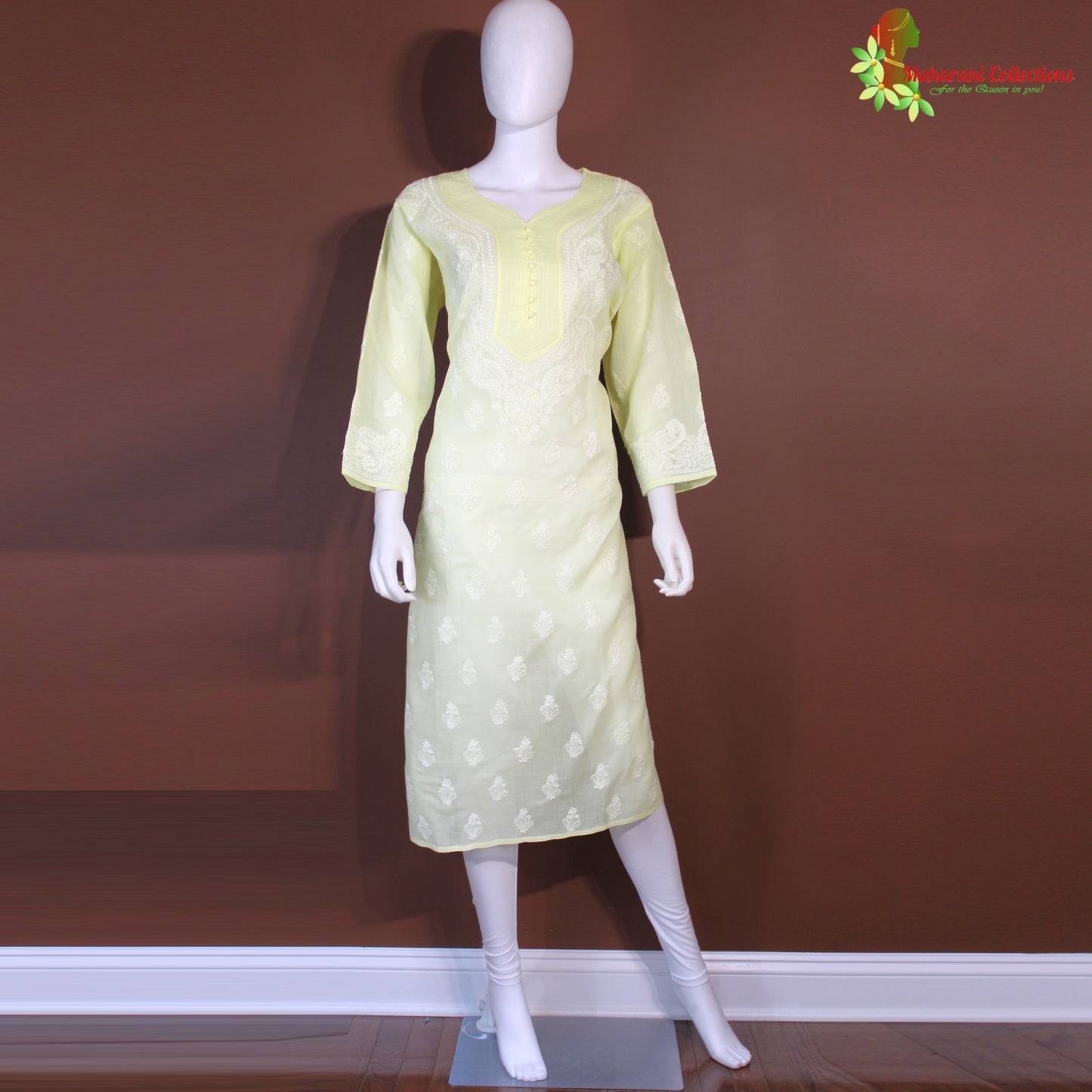 Maharani's Lucknowi Chikankari Pant Suit - Lemon Yellow (L) - Cotton